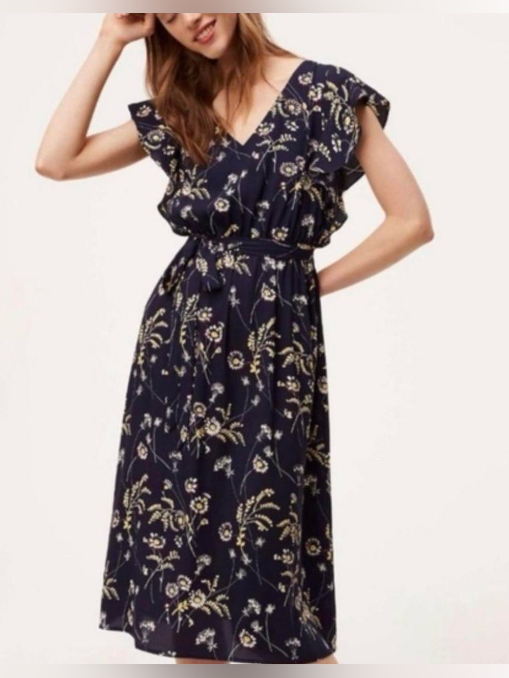 LOFT Navy Floral Spring Wedding Guest Dress Midi, Size Medium